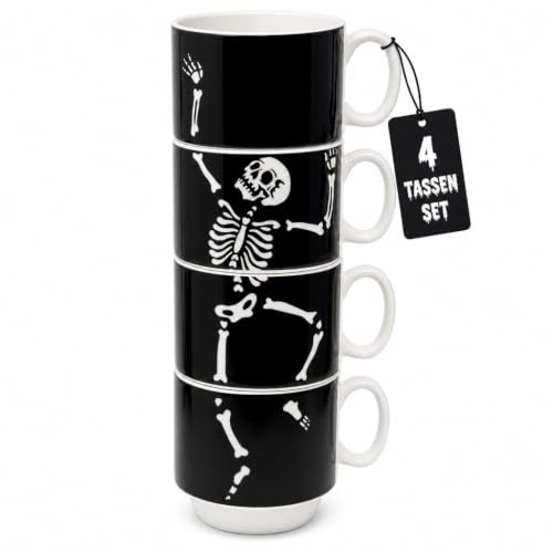MIJOMA Lot de 4 tasses à café en porcelaine noir et blanc - Capacité : 200 ml - Empilables - Décoration d'Halloween effrayante - Peu encombrante - Hauteur de la tour : 24 cm - Diamètre : 8 cm - Cadeau