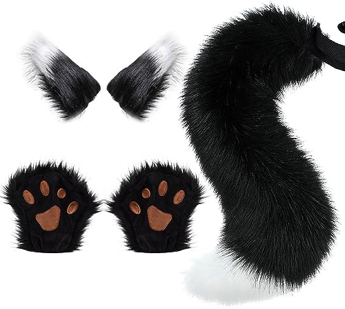 Ulikey Wolf Fuchsschwanz Anziehset, Halloween Kunstfell Katzenohren Plüsch Wolf Fuchsschwanz Kinder Kostüm Set mit Schwanz stirnband und Handschuhe Set für Halloween, Karneval