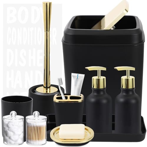 XLHOMO Schwarz und Gold Badezimmer Zubehör Set - 10 Stück Badezimmer Sets mit Mülleimer, Seifenspender, Seifenschale, Zahnbürstenhalter und Becher, Toilettenbürste, Qtip Halter, Badezimmer Zubehör Set