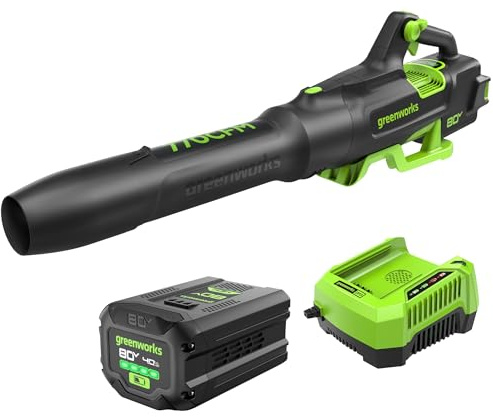 Greenworks 80V (770 CFM / 190 MPH) Brushless Cordless Leaf Blower (Turbo Button, Cruise Control, 28 CC Gas Equivalent), 4.0Ah Battery (320 Wh Max) + Rapid Charger