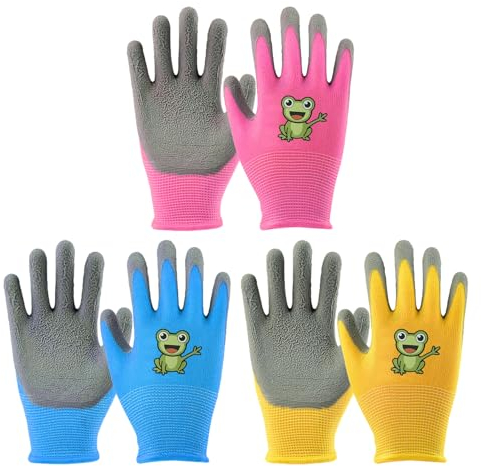 COACOM 3 Paia di Guanti da Giardinaggio per Bambini, Protettivi Antiscivolo Con Motivo a Rana, Universali per Ragazze e Ragazzi (Giallo, Rosa, Blu)