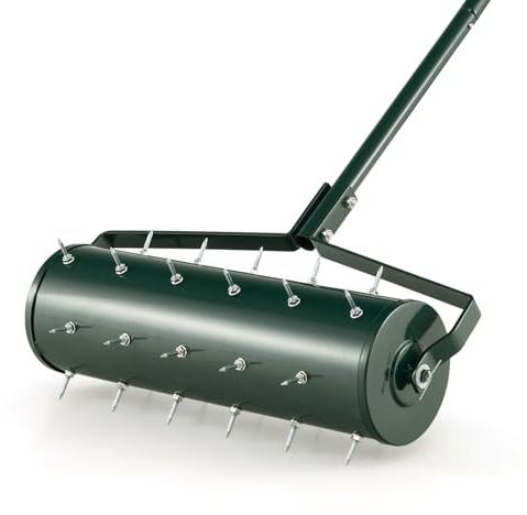 SOARS Rodillo para aireación de césped, aireador de césped con clavos de 3,5 cm y mango, escarificador manual rellenable, rodillo de jardín, rodillo manual de metal de alta calidad, ideal para el