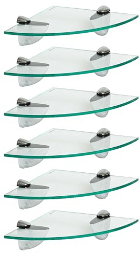Harbour Housewares 6X Clair 20cm Étagères d'angle en Verre Flottant - Salle de Bain Douche Cuisine Rayonnage Stockage Unité d'Affichage avec Supports Argentés