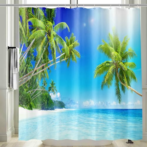 Vgzsyomqib Strand Meer Duschvorhang 200x200 Lang Anti Schimmel Wasserdicht für Badewanne Stoff Shower Curtains 3D Insel Grün Palmen Blau Ocean Motiv Duschvorhänge Waschbar Textil