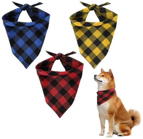 Dimeho 3 foulard per cani con motivo a quadri di bufalo, triangolare, per cani, bandana, morbida, regolabile, rosso, giallo, blu, nero, per cani di taglia media e grande (L)