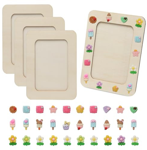 Juibao 4 Stück Bilderrahmen zum Bemalen, Hölzerne DIY Fotorahmen mit Harz Charms, Unbemalte Bilderrahmen Bastelset zum Selbst Gestalten, Malen und Zieren, 14 x 19 cm