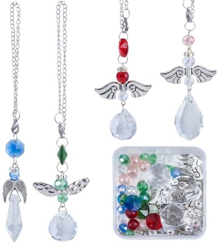 SUNNYCLUE 1 Box DIY 4 Sets Angel Car Charm Making Kit Angel Car Charms Suncatchers Guardian Angel Wing Beads Lucky Car Hanging Ornament Glass Hanging Charms for Car Mirror Window Home Decoration