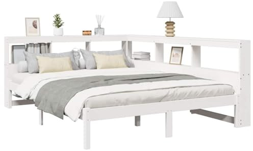 vidaXL Massivholzbett mit Regal ohne Matratze Weiß 150x200 cm Kiefer, Holzbett mit Regal, Massivholzbett mit Regal, Bett, Holzbett mit Bücherregal