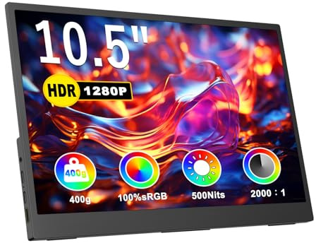 Bärbar bildskärm 10,5 tum 1920 x 1280 P FHD ultratunn miniskärm 3: 2 500 nits, 2 000: 1, w/45° justerbart stativ, standard HDMI USB-C datorskärm för bärbar dator PC telefon Mac