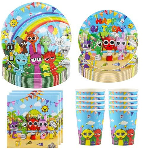 Hmfmdy Service de Table pour Fête Dessin Animé, 50 Pièces Motif Dessin Animé, Vaisselle D'anniversaire avec Assiettes, Gobelets et Serviettes en Carton, pour Filles, Garçons -10 Invités
