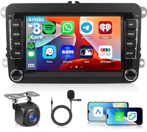 6G+128G 8-Core Car Radio for VW Jetta Passat Golf Beetle Polo Caddy Tiguan Touran for Seat for Skoda with Wireless Carplay Android Auto, 7 Inch Touch Screen with Bluetooth, GPS Wifi DSP FM RDS Camera