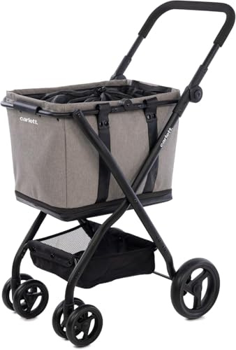 Carlett Einkaufstrolley mit 4 Rädern, faltbar, Tasche 50–75 L, höhenverstellbarer Griff, Sicherheitsbremse, Korb als Tragetasche nutzbar, wasserabweisend mit Regenüberzug – Cube S, Grau