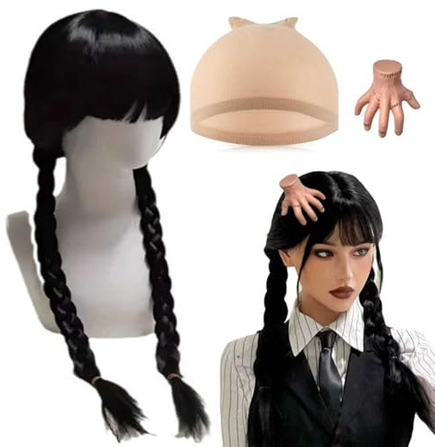 Perruque Tresse Noire d'Halloween, Perruque Addams Femme, pour Halloween, Carnaval, Fête Cosplay