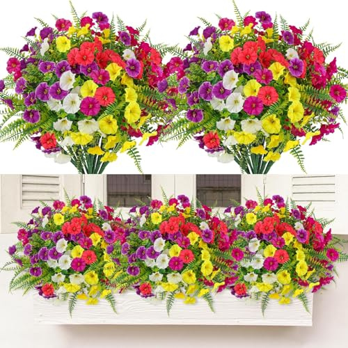 12 Bundles Artificial Flowers for Outdoors Artificial Petunias with Fern