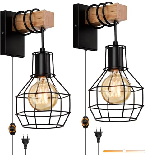 ENCOFT Wandleuchte Innen mit Stecker 2er, Holz Wandlampe Schwarz mit Dimmbar Schalter,E27 Wandleuchte Metall Retro Industrial Wall Lamp für Schlafzimmer Treppenhaus Wohnzimmer Flur (Ohne Glühbirne)