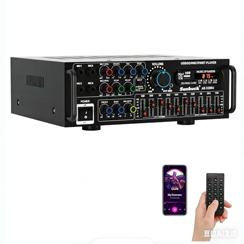 2000W Stereo HiFi Amplifier Bluetooth 5.0 Karaoke USB FM EQ Mixer | 2.0 channel, Bluetooth 5.0, four mic inputs, USB/SD, 5-band EQ, FM radio, remote control, for home and car