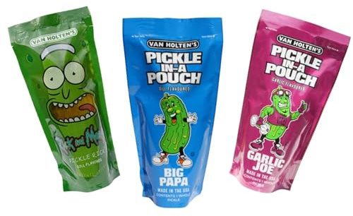Van Holten’s Pickles 3er Mix – Zufällige Auswahl aus 5 Sorten (Pickle Rick, Sour Sis, Hot Mama, Garlic Joe & Big Papa) | Amerikanischer Snackklassiker | Original USA-Import | Einzeln verpackt