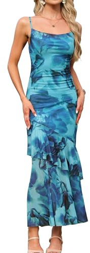 Allegra K Mujer Vestido Maxi Malla Estampado Floral para Fiesta Playa Boda | Elástico con Forro Dobladillo de Sirena Ocasiones Casuales Formales Diseño Escalonado Aspecto Bonito Vestidos