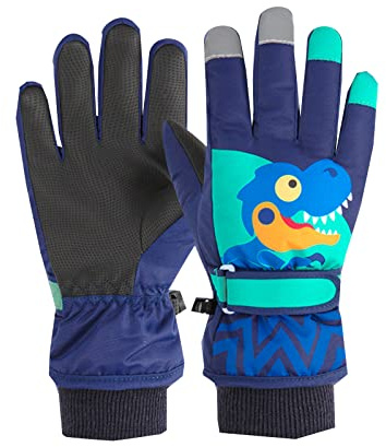 Guantes Invierno Niño 12 Años, de Esquí Resistentes Y Cálidos para Niños Estilo con Peluche Grueso Impermeables Diseño de Dinosaurio Y Bicicleta (Navy 1-3 Years)