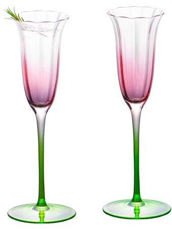 KAMMAK Champagne Flutes 110ml Pink and Green Champagne Glasses Set of 2, Champagne Flutes with Long Stem, Champagne Glasses Gift Ideal for Wedding, Birthday, Anniversaries, Christmas, Party