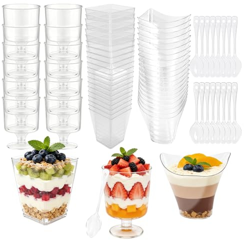 Ouxayapl 50 stycken dessertglas plast, dessertkoppar plast – 3 olika mönster, återanvändbara dessertkoppar och återanvändbara skedar för mousse kakor, is, yoghurt, pudding party födelsedag bröllop