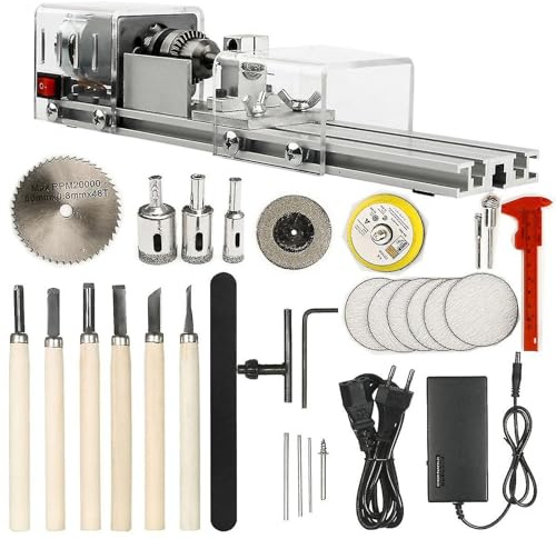 Set di lucidatrici per tornio 6in1, mini sega da tavolo lavorazione CNC fai da te per tavolo lavorazione del legno tornio per utensili fai da te in legno set standard trasparente silver