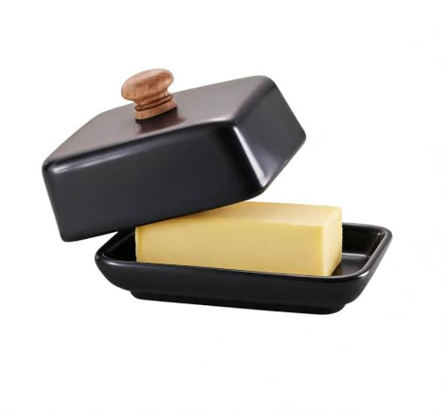 Beurrier en céramique - Beurrier en porcelaine avec couvercle et poignée - Pour beurre de 250 g - Passe au lave-vaisselle - Pour conserver au frais - Pour tous les beurres courants (noir)