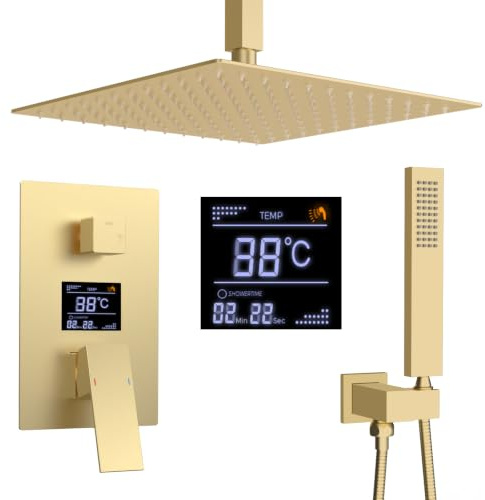 Delnet 2 Functions Digital Display Valve Shower System, 12inch Ceiling Rainfall Shower Head & Handheld Shower, Brushed Gold