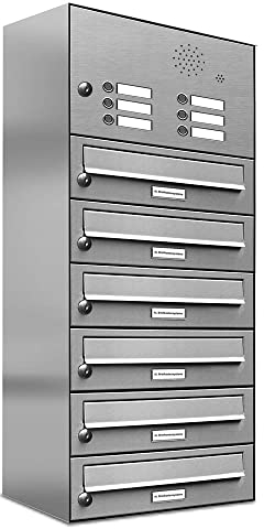AL Briefkastensysteme 6er Briefkastenanlage mit Klingel, V2A Edelstahl, Premium Briefkasten DIN A4, 6 Fach Postkasten modern Aufputz