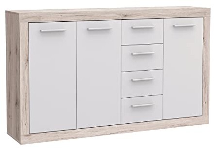 FORTE Baccio Kommode mit 3 Türen und 4 Schubladen, Holzwerkstoff, Sandeiche / Weiß, 152.60 x 34 x 91.50 cm