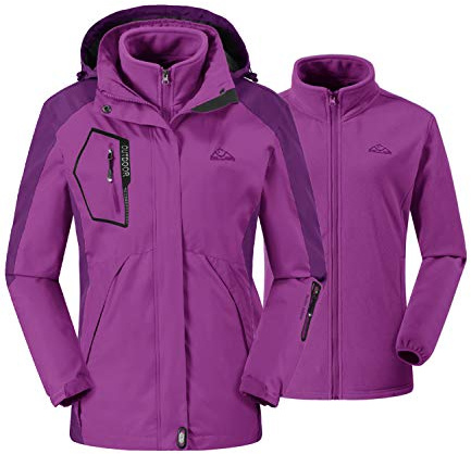 donhobo Womens 3 In 1 Jackets Fleece Ski Jacket Softshell Winter Waterproof Full Zip Windproof Coat Zip Pockets(Purple,L)