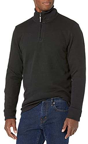 Amazon Essentials Jersey de Canalé Francés con Cremallera de un Cuarto Hombre, Negro Efecto Lavado, L