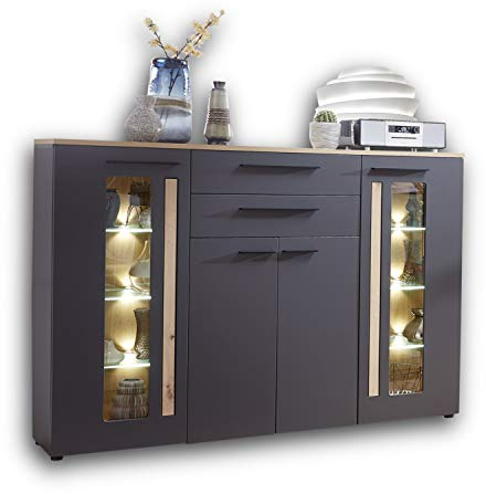 Stella Trading LOFT-TWO Highboard in Artisan-Eiche Optik, graphit - Hochwertiger Eyecatcher inkl. LED-Beleuchtung für Ihren Wohnbereich - 180 x 133 x 37 cm (B/H/T)