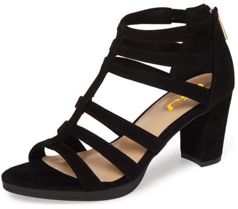 FSJ Women Chunky Mid High Heel Sandals Open Toe T-Strap Pumps Cutout Dress Party Office Shoes Elastic Back Zipper Size 9 Black