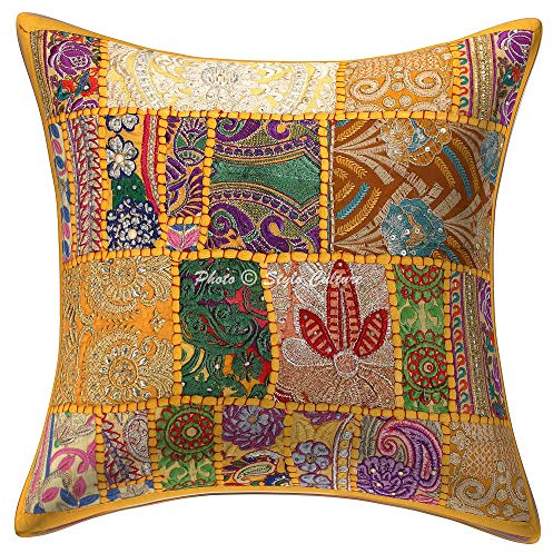 Stylo Culture etnisk bohemisk soffsits kuddfodral mango gul 40 x 40 cm vintage lapptäcke 40 x 40 cm bomull dekorativ abstrakt blommig hem prydnadskudde fodral | 1 st