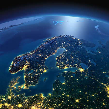 adrium Holz-Bild 100 x 100 cm: Nachtplanet Erde mit präziser detaillierter Entlastung und Stadtlichter beleuchtet durch Mondschein. Europa. Skandinavien. Eleme (50372689)