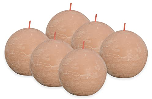 Bolsius Rustik - Candela sferica, colore rosa chiaro, 6 pezzi, Ø 7,6 cm, candela decorativa, lunghezza 25 ore, non profumata, contiene cera vegetale naturale, senza olio di palma
