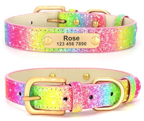 Didog Glitzer-Hundehalsband, personalisierbar, PU-Leder mit glitzernden Pailletten, personalisierbares Hundehalsband mit graviertem Namensschild kleine, mittelgroße Hunde und Katzen, Regenbogen, XS