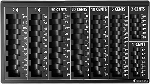 Vassoio per conteggio monete, vassoio per monete con 8 scomparti inclusi Euro e Centesimi, portaoggetti monete, organizer per monete, 33 x 18,5 x 2 cm, nero