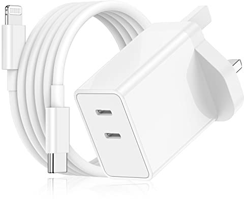 USB C Plug Fast Charge,24W Dual USB C Super Fast Charger and Type C to Lightning Cable Lead 2M,UK Wall Charging Mains Adapter for Apple iPhone 14 Pro Max/13 Mini/12 Pro/11/X/iPad