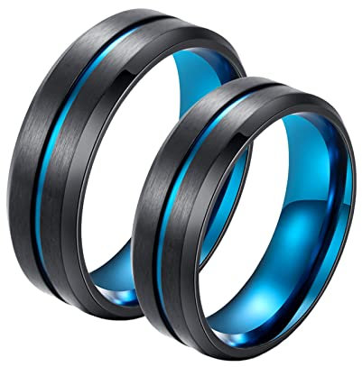 Banemi Verlobungsring Paar Schlicht, Partnerringe Blau Silber Edelstahl und Gebürstet 8mm Verlobungsringe Valentinstag Schmuck