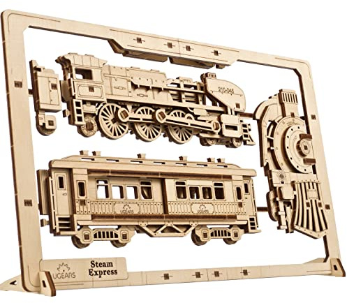 UGEARS 2.5D Framed Steam Express - Classic Train Wood Model Kit with Movable Wheels, Mechanisms & Doors – Steam Train Wooden Puzzle Model Kits for Adults - Home and Office Decor