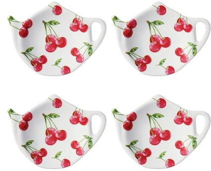 Supreme Housewares Cherry Tea Bag Holders, Teapot Shaped Tea Bag Coasters Spoon Rests Saucer Seasoning Dish Set, Red, 4 x 3 Inch, Set of 4