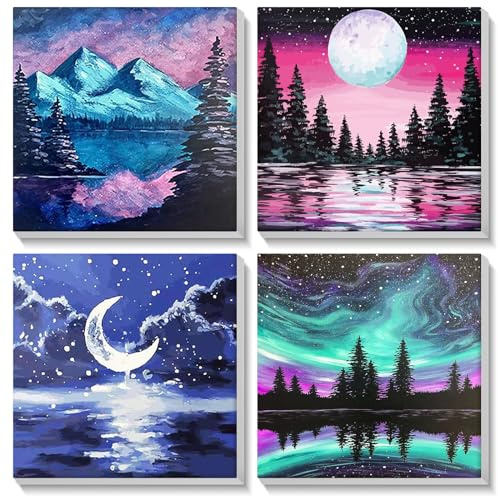 MOGTAA 4 Pack Landschaft Malen Nach Zahlen Erwachsene mit Rahmen, Malen nach Zahlen Kits für Kinder MäDchen Jungen, DIY Ölgemälde Leinwand Set Acrylic Malerei Bilder für Home Dekor (20x20cm)