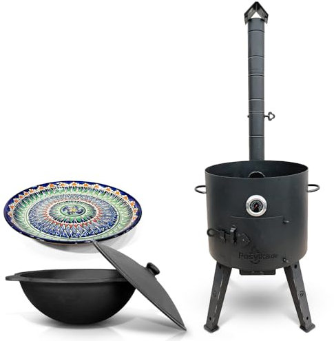 Horno de fuego Utschak Ø 44 cm Termómetro Hierro Fundido Kazan 16 L Ø 46,5 cm Fondo plano Lagan Ø 37 cm Учак Учаг Uchag Asia (Set 1)