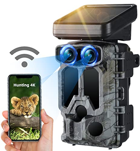 VOOPEAK Solar Powered WiFi Wildlife Camera, 4K 30FPS 60MP Trail Camera with Starlight Night Vision Dual Lens Activated IP66 Waterproof,0.1S Trigger Built-in Lithium Battery Rechargeable for Monitoring