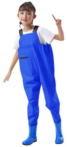 Wathose Kinder Wasserdicht mit Stiefel Kinderwathose Matschhose Jungen Anglerhose mit Stiefel Mädchen Regenhose mit Stiefeln Junior Hosenträger Matschhose Regenstiefel rutschfeste Sohle Gummistiefel