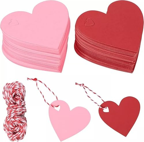 Zynewa 200 Stück Herz Geschenkanhänger, Geschenkanhänger Klein Mit 20 m Schnur, Kraftpapier Anhänger Etiketten, Herz Deko Für Valentinstag Weihnachten Geschenkverpackung (Rot Rosa)