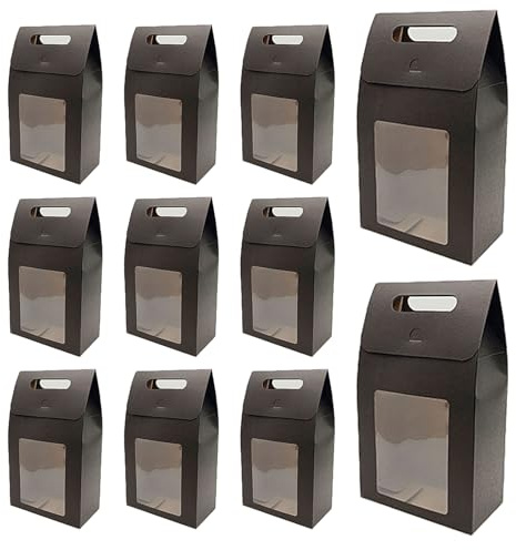 12 Stück Geschenktüte mit Fenster, Kraftpapier Verpackungsbeutel, Schwarz Papiertüten, für Verpacken von Bankettgeschenken, Keksen und Süßigkeiten (Schwarz)