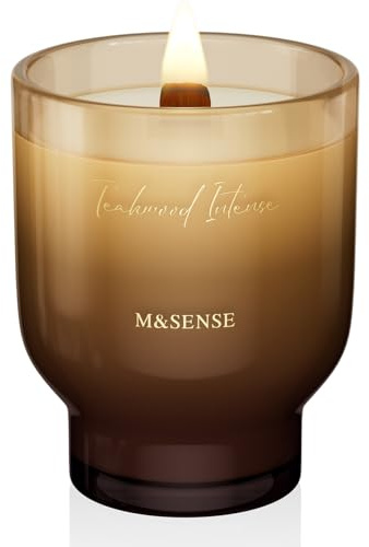 M&SENSE Grandi Candela Profumata 470g Teak Intenso con Stoppino Scoppiettante, 110H Dura, Cera di Soia Non Tossico Aromaterapia Candele, Vetro Design Room Decor, Regalo di Lusso per Donne/Natale